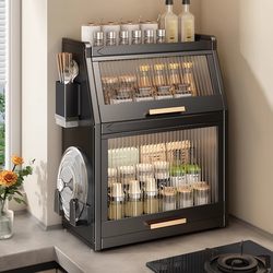 Kitchen Spice Rack, Household Multifunctional Countertop Spice Rack with Lid, Oil, Salt, Sauce, Vinegar Condiment Storage Rack