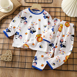 Infants and Young Children's Pure Cotton Home Clothes Set, Summer Long-Sleeved Pajamas, Thin Air-Conditioned Clothes, Anti-Mosquito Clothes for Boys and Girls