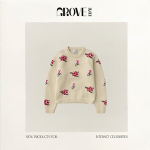 
[Ready Stock] GROVE EDGE Korean designer rose round neck sweater retro college sweater top