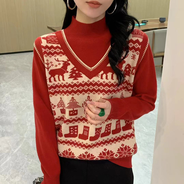 Half turtleneck base shirt for women with Christmas sweater 2024 new autumn and winter two-piece thickened sweater top