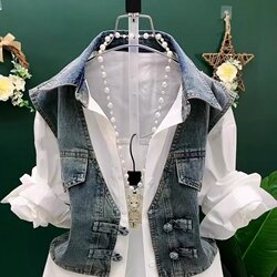 Denim Vest Spliced Shirt Fake Two-Piece Set for Women, Fashionable Polo Collar Button-Up Shirt, Summer Stylish Button-Down Shirt