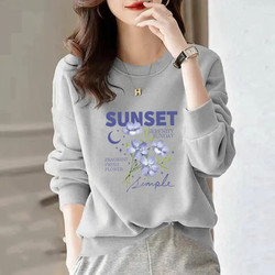 Round Neck Pure Cotton Terry Sweatshirt 2026 New Women's Regular Shoulder Long Sleeve Spring, Autumn and Winter Versatile Loose Printed Top
