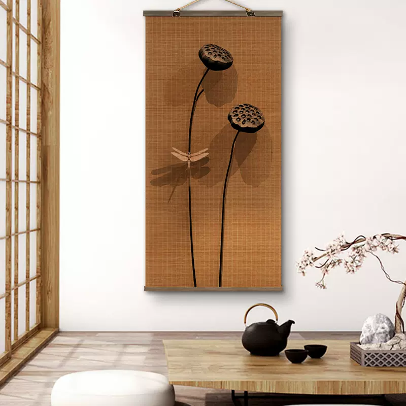新中式莲蓬竹编挂画禅意复古蜻蜓莲子如意壁画玄关装饰画