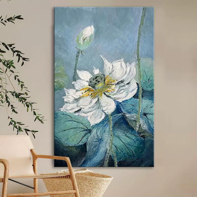 期間限定セール 抽象荷花手绘油画新中式花卉装饰画中国风客厅玄关挂画无 絵画