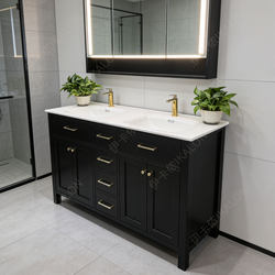 Vintage-Style Floor-Standing Ceramic Integrated Basin Bathroom Cabinet Set, Bathroom Wood-Like Washbasin Sink