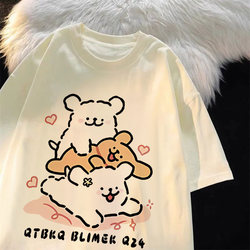 Summer New Style Girls' Pure Cotton Short-Sleeved T-Shirt with Cartoon Line Drawing of a Puppy, Loose and Stylish, Half-Sleeved Top for Older Children