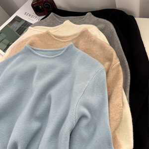 
Soft milky blue half-high collar shoulder knit sweater for women autumn and winter suit with coat bottoming shirt top
