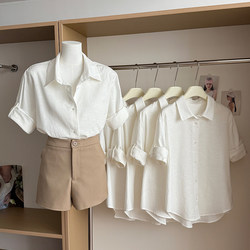 White Linen Shirt, Regular Shoulder, Short Sleeves, Women's Summer Casual, Elegant Old Money Style Cotton and Linen Shirt, French-Style Upper-Class Top