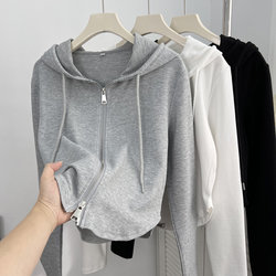Double Zipper Hooded Sweatshirt Short Jacket for Women, Spring and Autumn Thin Style, Petite, Slightly Slim Fit, Slimming, Casual Long-Sleeve Top