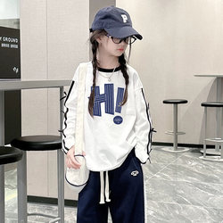 Girls' Spring Clothing, Color-Blocked Pure Cotton Long-Sleeved T-Shirt, Autum Mid-To-Large Kidsren's Inner Layering Shirt, Girls' Spring Clothing