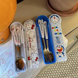 Cute Portable Spoon and Chopsticks Set, Student Stainless Steel Cutlery Set, Spoon, Fork, and Chopsticks Three-Piece Set with Travel Storage Box
