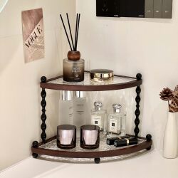 Light Luxury Wooden Double-Layer Storage Rack Living Room Desktop Storage Rack Cosmetics Organizer Home Decoration Retro Ornaments