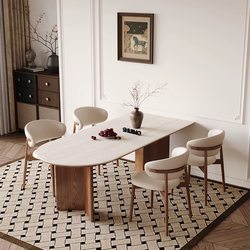 Delifeng Rock Slab Cave Stone French Dining Table Household Small Apartment Light Luxury Cream Semi-Circle Rectangular Dining Table Living Room