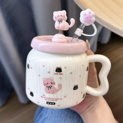 Straw Cup, Cute Cat Mug with Lid, Girly Heart Ceramic Cup, Couple Water Cup, Birthday Gift for Girls