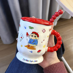 Crayon Shin-Chan Ceramic Mug with Lid and Spoon, Cute Cartoon High-Value Water Cup for Home and Office, Coffee Cup for Women