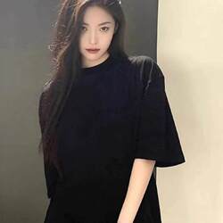 100% Pure Cotton Summer Black American Retro Straight Shoulder Short-Sleeve T-Shirt for Women, Versatile, Flattering, Loose-Fitting Round Neck Top ins