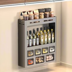 Kitchen Spice Rack, No-Drill, Multi-Functional Wall-Mounted Oil, Salt, Sauce, and Vinegar Storage Rack, Seasoning Jar for Home Use