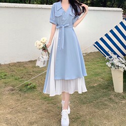 New Retro French V-Neck Long Skirt Summer Design Niche Elegant Waist Slimming Look Asymmetrical Dress Trendy