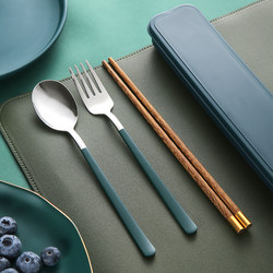 Scandinavian Style Portable Tableware, Food-Grade Stainless Steel Chopsticks and Spoon Set, Student Three-Piece Set, Storage Box, Single Set