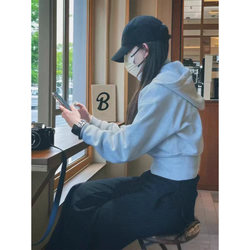 Gray Short Hooded Sweatshirt Jacket for Women 2025 New Early Autumn Korean Style Outfit Slim Waist Cardigan Top