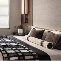 Modern Gray and Black Chenille Spliced Leather Pillow Woolen Plaid Blanket Model Room House 9-Piece Set