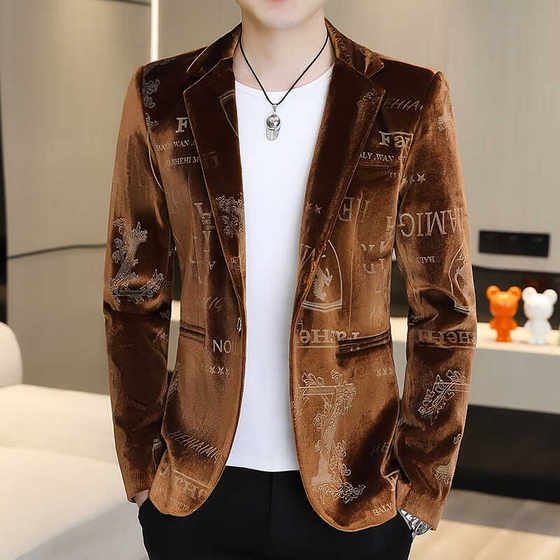 
Men's suits, middle-aged and young high-end slim fit, trendy gold velvet autumn and winter jacket, Korean casual thickened small suit