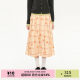 Heris orange flower plaid printed pattern A-shaped large swing press pleated medium-length cover calf college pleated skirt