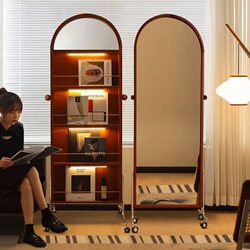 Vintage Floor-Standing Full-Length Mirror with Creative Magazine and Newspaper Rack, Movable Solid Wood Dressing Mirror for Home Entryway