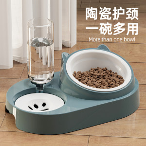 Cat bowl ceramic cat food bowl cat rice bowl double bowl double bowl diagonal mouth dog bowl drink water bowl to protect cervical spine anti -overturn supplies