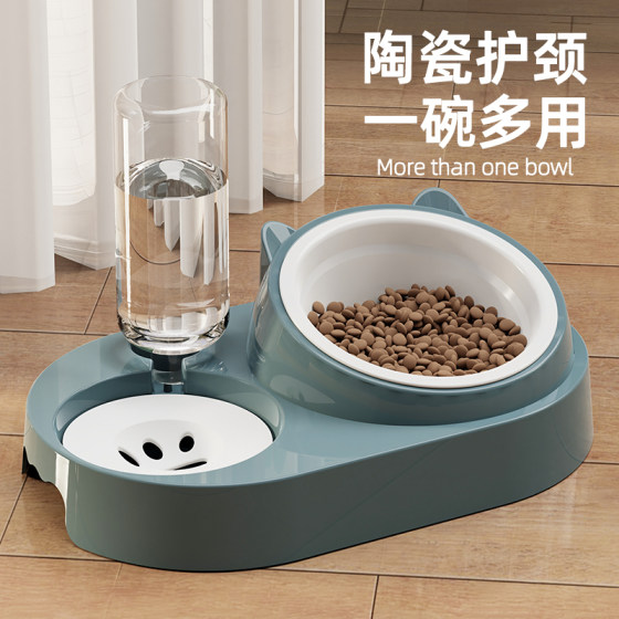 Cat bowl ceramic cat food bowl cat rice bowl double bowl double bowl diagonal mouth dog bowl drink water bowl to protect cervical spine anti -overturn supplies