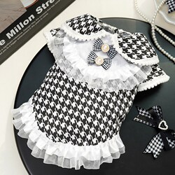 Socialite-Style Houndstooth Dog Dress with Leash Attachment for Golden Retriever and Cats, Teddy Cat Pet Supplies, Dog Clothing