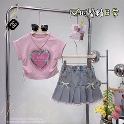 Girls' Dress Summer Outfit 2026 New Stylish Children's Summer Set Dress Fashionable Girl Big Kid Denim Skirt