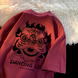 2026 Chinese Style Heavy-Duty Niche Pure Cotton Short-Sleeve T-Shirt for Men, New Year Chinese Style Year of the Horse Loose Trendy Brand Half-Sleeve Top