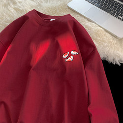 New Year Year of the Horse Chinese Style Men's Long-Sleeve T-Shirt Loose Fit Pure Cotton 260g Heavyweight Zodiac Year Carp Drawstring Top Spring and Autumn