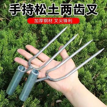 
A hand-held soil loosening two-pronged fork for gardening, growing vegetables, flowers, fertilizing and weeding tools for planting without damaging the root system.