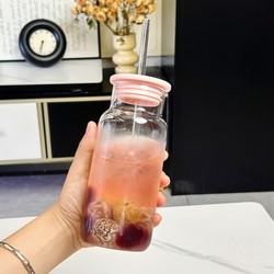ins Straw Glass Cup for Women 2025 New Model Milk Cup Juice Cup High Temperature Resistant High Borosilicate Glass Water Cup with Lid