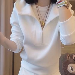 European Casual Clean-Cut Half-Zip White Hooded Sweatshirt for Women 2025 Autumn and Winter Fashionable Versatile Stylish Short Top