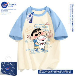 Nasa Co-Branded Cartoon Shin-Chan Pure Cotton Short-Sleeve T-Shirt for Boys, 2025 Summer New Style, Youth Blue Apricot Raglan Sleeves
