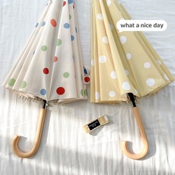 Korean-Style Long-Handled Polka Dot Umbrella, 16 Ribs, Extra Large, Wind-Resistant, Dual-Use for Sun and Rain, Automatic Reinforcement, Sturdy, for Two People