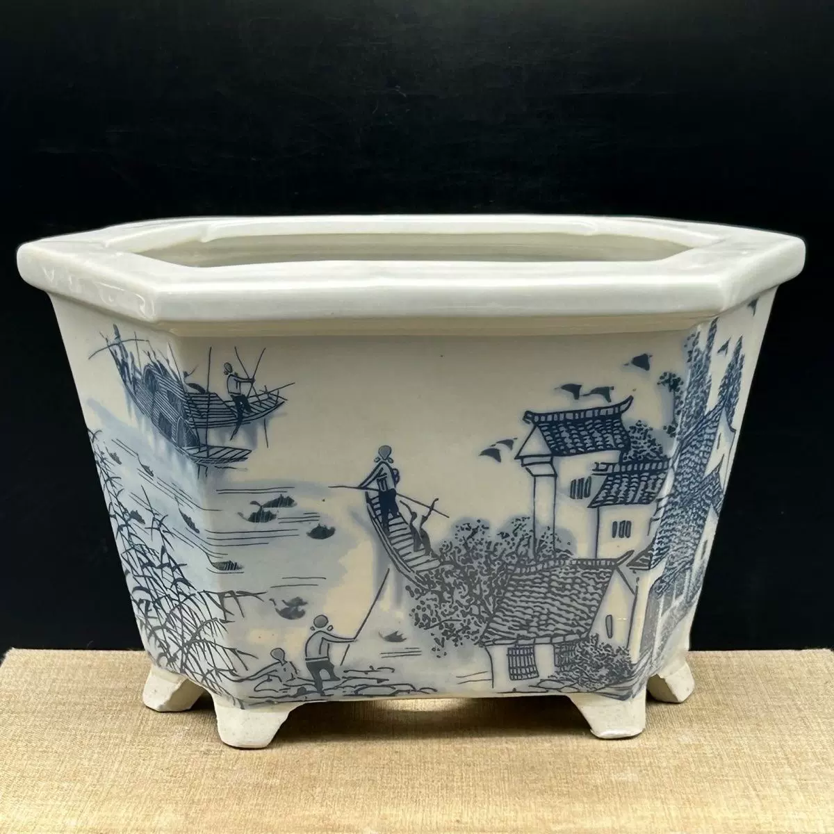 景德镇明清风格青花六方花盆多肉植物陶瓷花器江南水乡仿古瓷花盆
