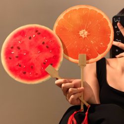Little Red Book Style Hand-Painted Watermelon and Orange Round Fan, Summer Cooling Portable Fan, Gift Prop, 2025 New Model