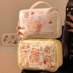 Cute Bear Portable Cosmetic Bag for Women, Large Capacity Skin Care Product Waterproof Toiletry Box, Travel Partitioned Storage Bag