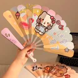 Cute Kitty Cat Folding Fan for Girls, Portable for Summer, Compact Plastic Durable Hand-Cranked Fan for Students and Children