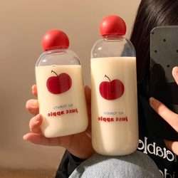 Cute Red-Nosed Apple Double-Layer Glass Water Cup for Girls, High-Looking, High Borosilicate, Portable, High Temperature Resistant, Transparent Cup