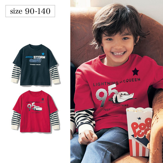 
Japanese children's clothing boys' pure cotton T-shirt spring and autumn fake two-piece sleeve baby cartoon motorcycle long-sleeved casual top trendy