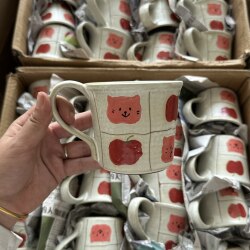 Boshangjia Cute Cartoon Cat Apple Pattern Ceramic Mug Girly Ins Style Home Coffee Cup