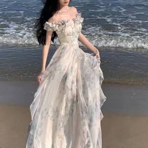 
Seaside vacation style suspender skirt gauze French ruffle beach dress atmosphere long skirt flowing fairy style