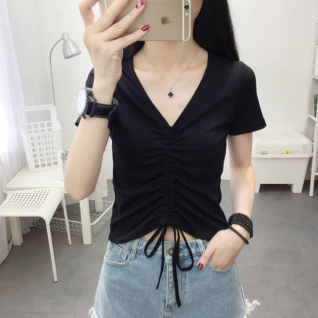Women's Irregular Drawstring T-Shirt - Milk Silk Short Sleeve Summer Top - Casual Student Fashion Tops