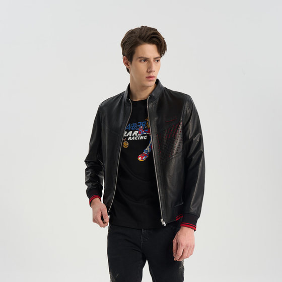 
RARE Men's Spring and Summer 'Fa' word punching and stitching design black stand-up collar leather jacket