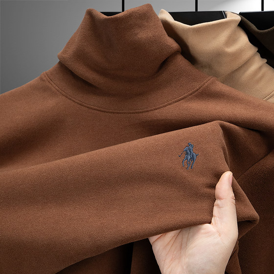 
High-end men's long-sleeved T-shirt with high collar inside, autumn and winter pile collar German velvet brushed double-sided velvet bottoming shirt for men